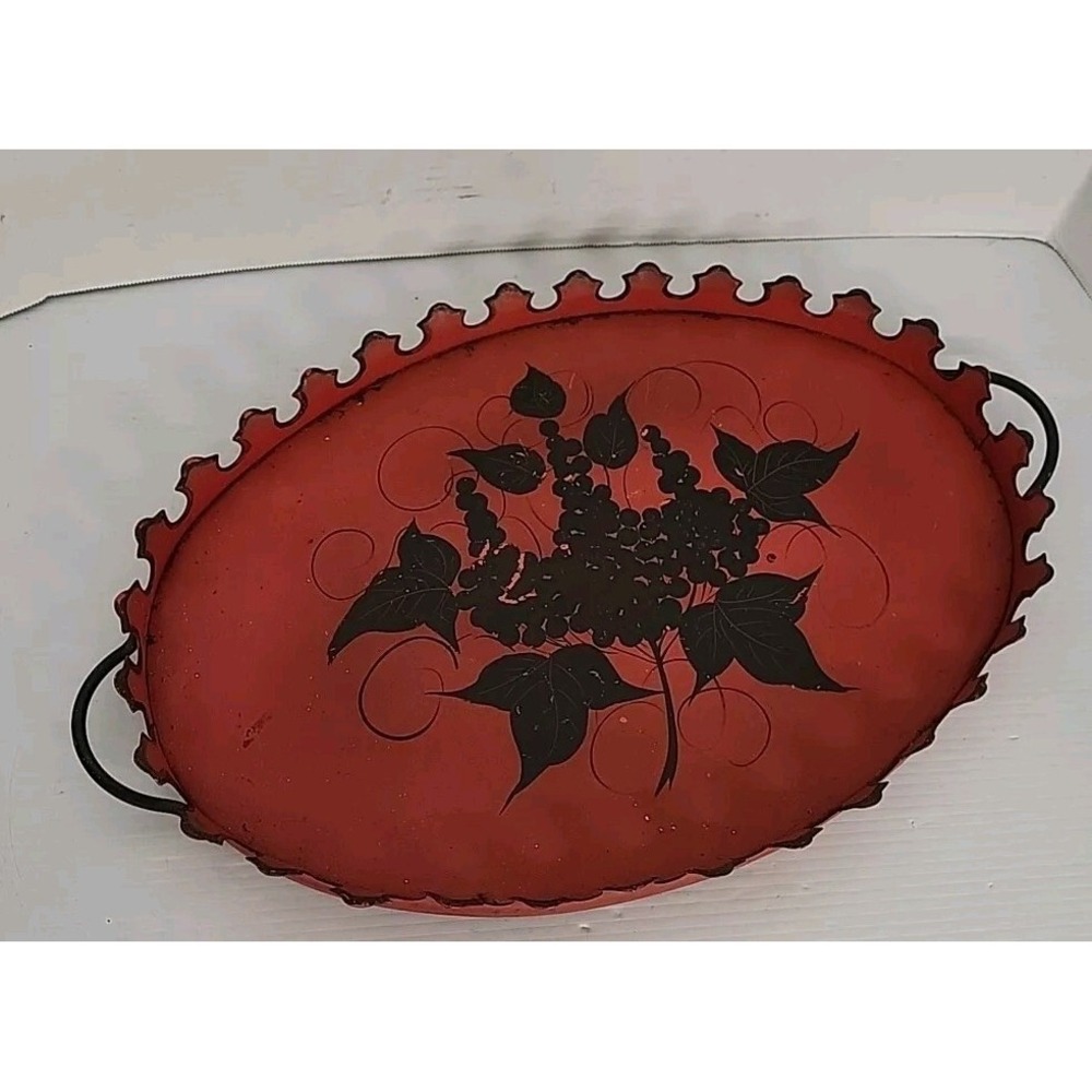 MCM painted metal tray red with black grapes by Rubel